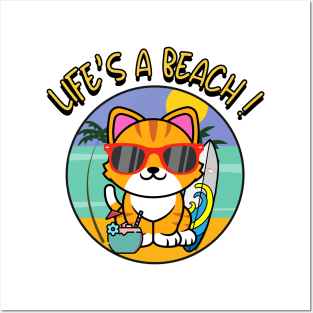 Cute orange cat Goes to the beach Posters and Art